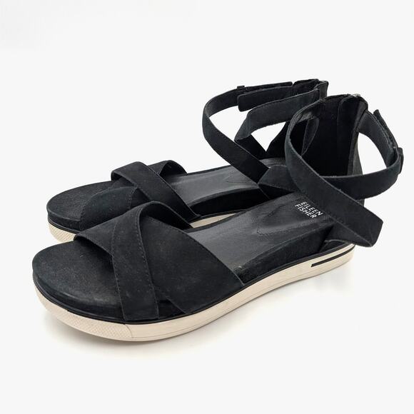 Eileen Fisher Sally Wedge Sporty Sandals Woman's Black Size US11 EU41.5 - Picture 1 of 12